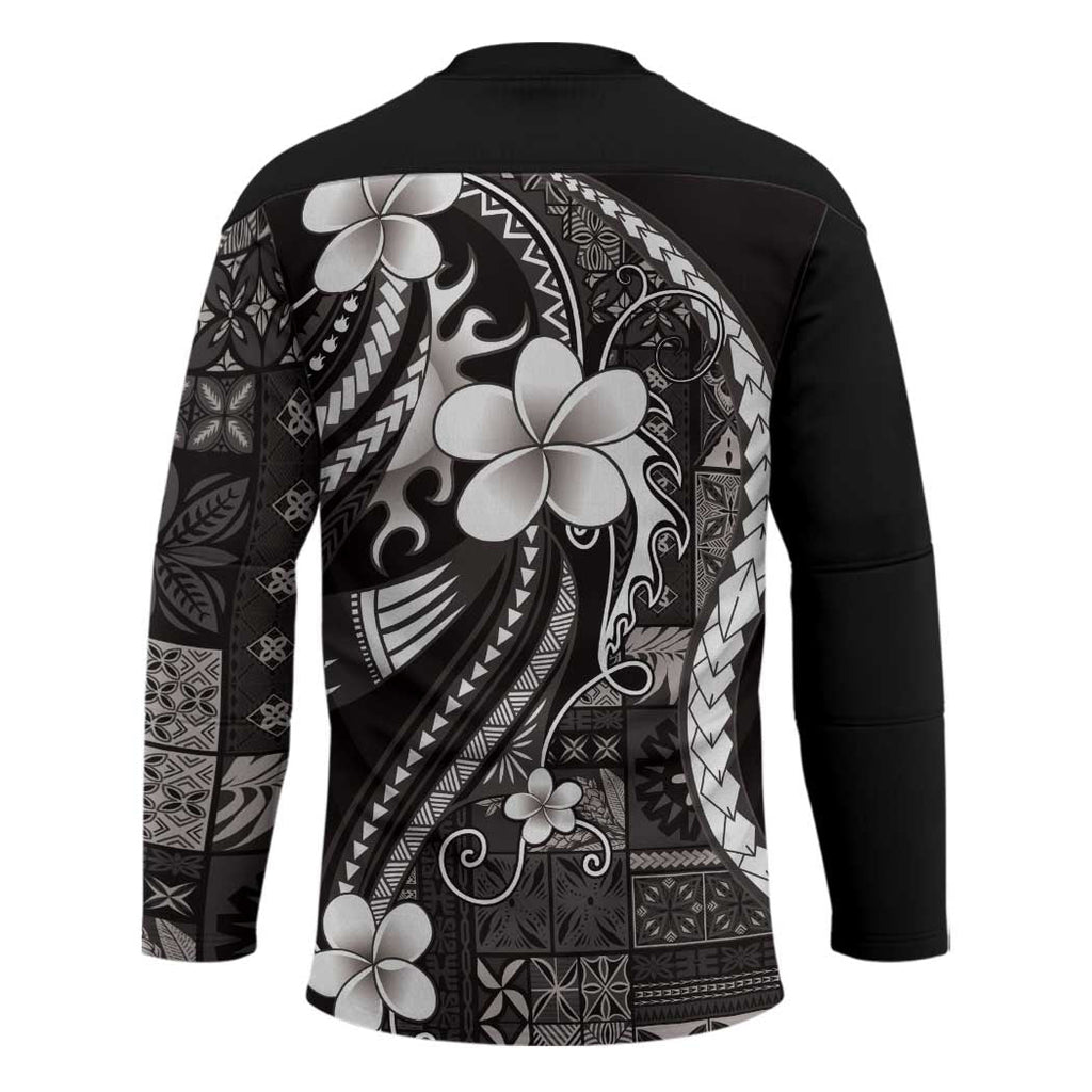 Samoa Siapo Tribal Pattern Hockey Jersey Black Polynesian Plumeria Tapa Motif LT9