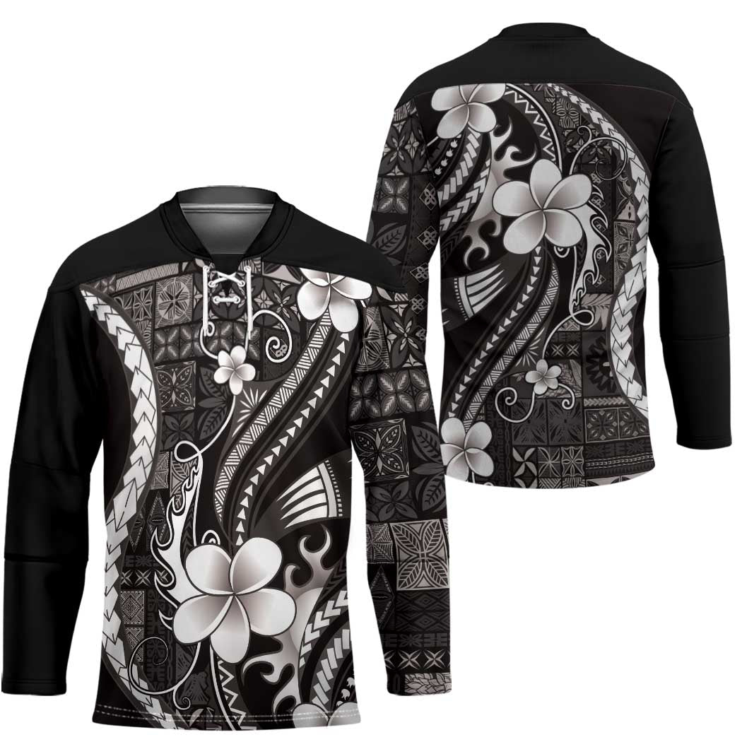 Samoa Siapo Tribal Pattern Hockey Jersey Black Polynesian Plumeria Tapa Motif LT9