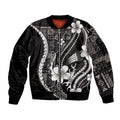 Samoa Siapo Tribal Pattern Sleeve Zip Bomber Jacket Black Polynesian Plumeria Tapa Motif LT9