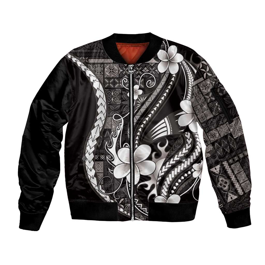 Samoa Siapo Tribal Pattern Sleeve Zip Bomber Jacket Black Polynesian Plumeria Tapa Motif LT9