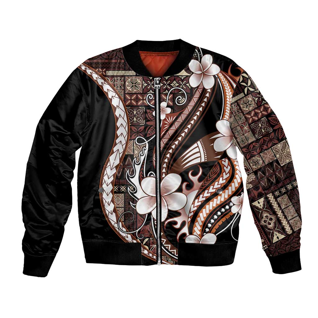 Samoa Siapo Tribal Pattern Bomber Jacket Brown Polynesian Plumeria Tapa Motif LT9