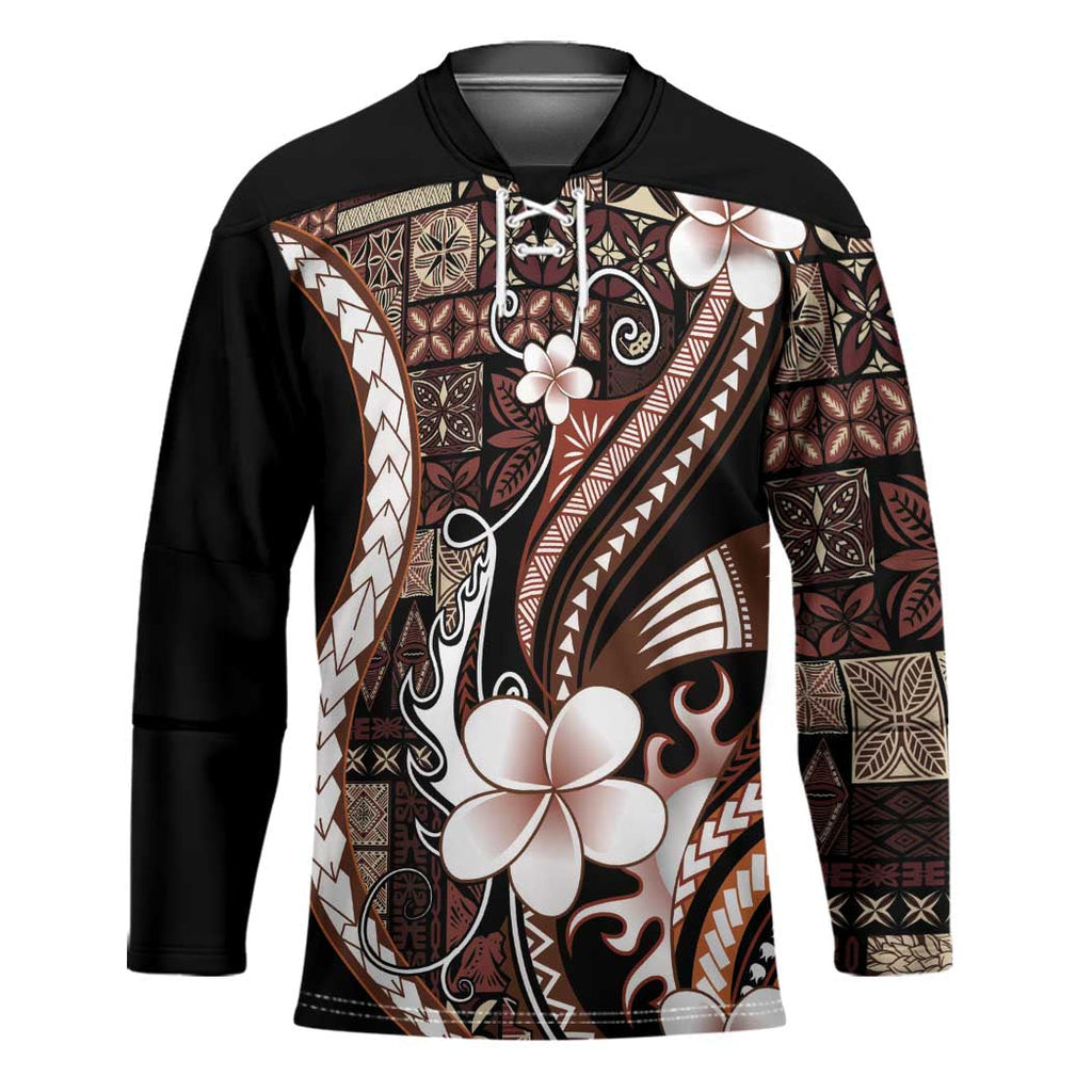 Samoa Siapo Tribal Pattern Hockey Jersey Brown Polynesian Plumeria Tapa Motif LT9