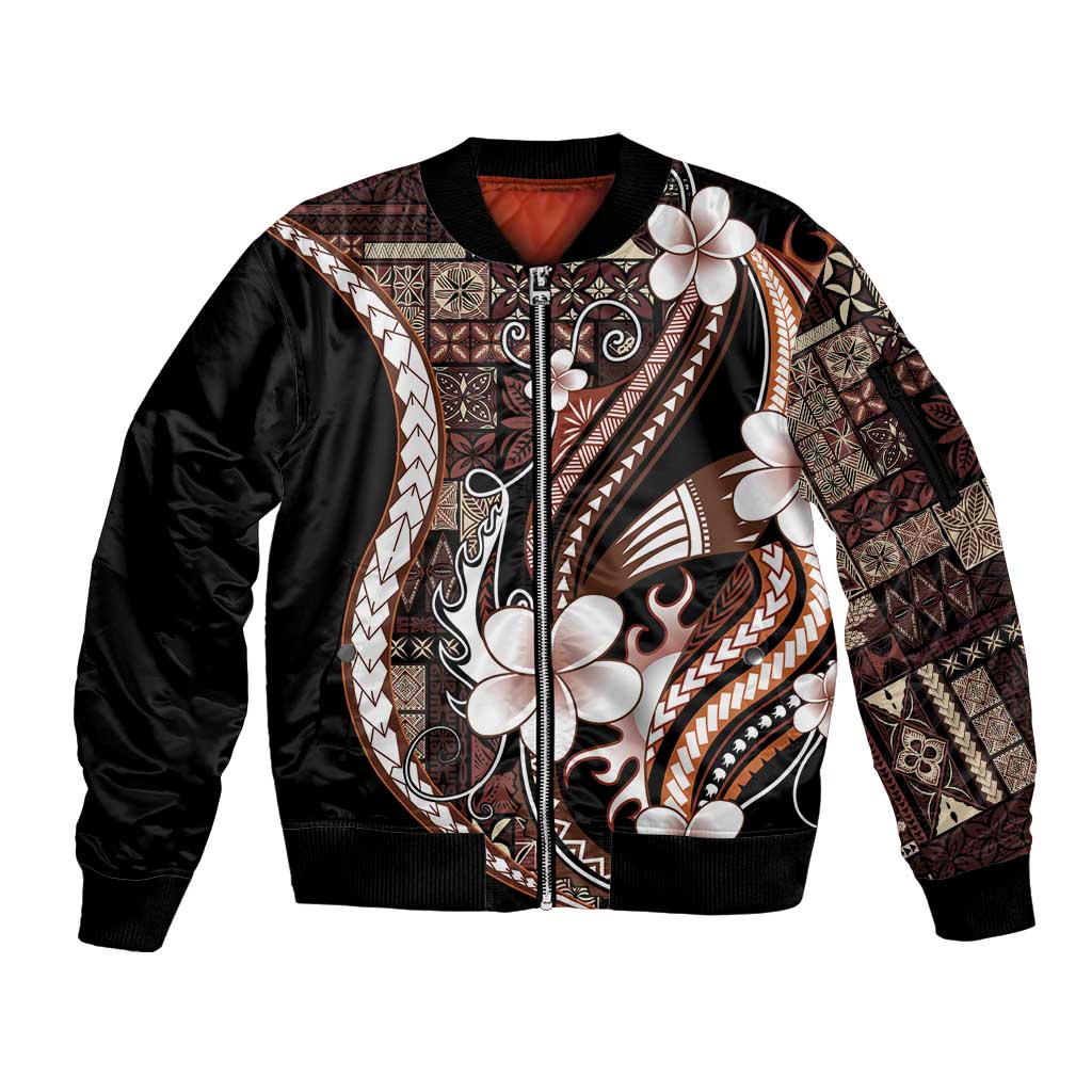 Samoa Siapo Tribal Pattern Sleeve Zip Bomber Jacket Brown Polynesian Plumeria Tapa Motif LT9
