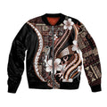 Samoa Siapo Tribal Pattern Sleeve Zip Bomber Jacket Brown Polynesian Plumeria Tapa Motif LT9