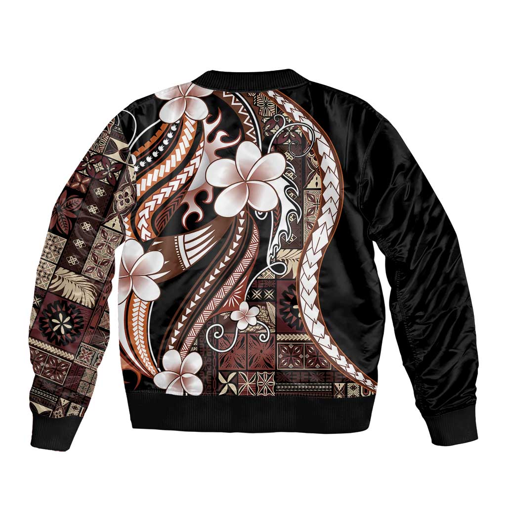 Samoa Siapo Tribal Pattern Sleeve Zip Bomber Jacket Brown Polynesian Plumeria Tapa Motif LT9