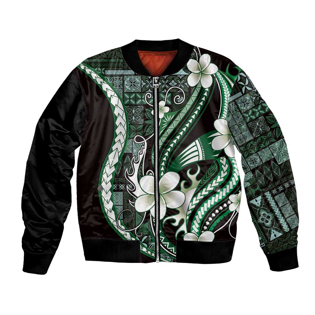 Samoa Siapo Tribal Pattern Bomber Jacket Forest Green Polynesian Plumeria Tapa Motif LT9