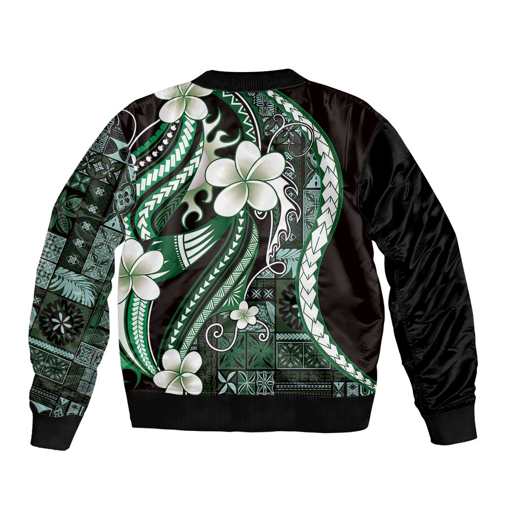 Samoa Siapo Tribal Pattern Bomber Jacket Forest Green Polynesian Plumeria Tapa Motif LT9
