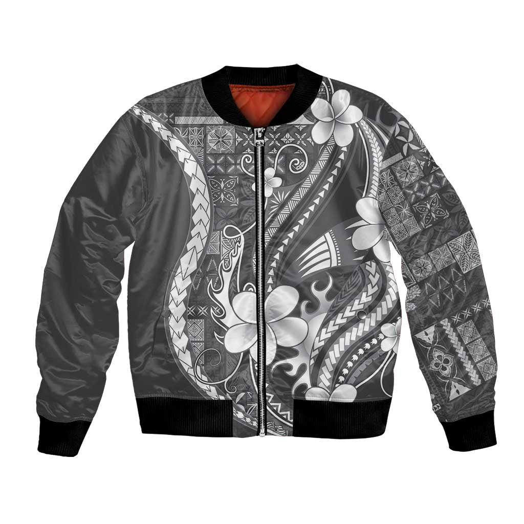 Samoa Siapo Tribal Pattern Bomber Jacket Light Gray Polynesian Plumeria Tapa Motif LT9