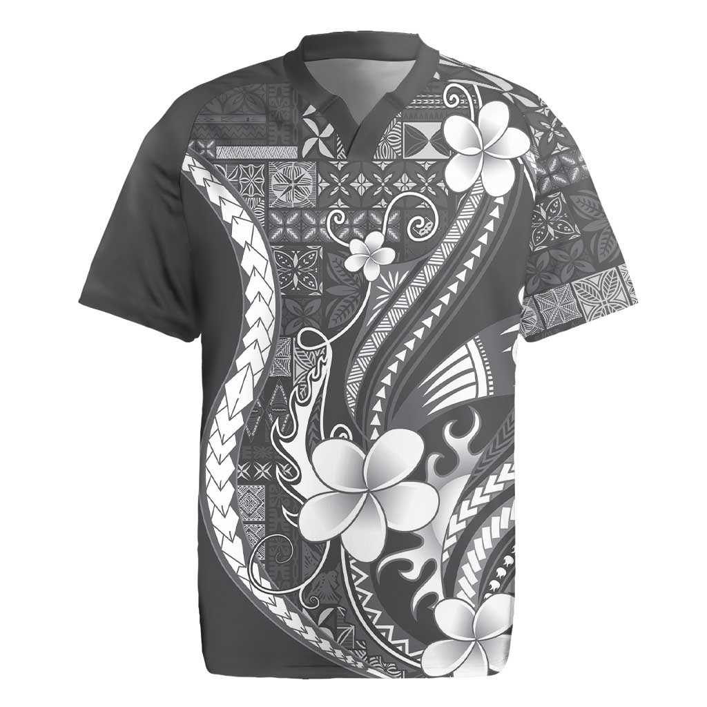 Samoa Siapo Tribal Pattern Rugby Jersey Light Gray Polynesian Plumeria Tapa Motif LT9