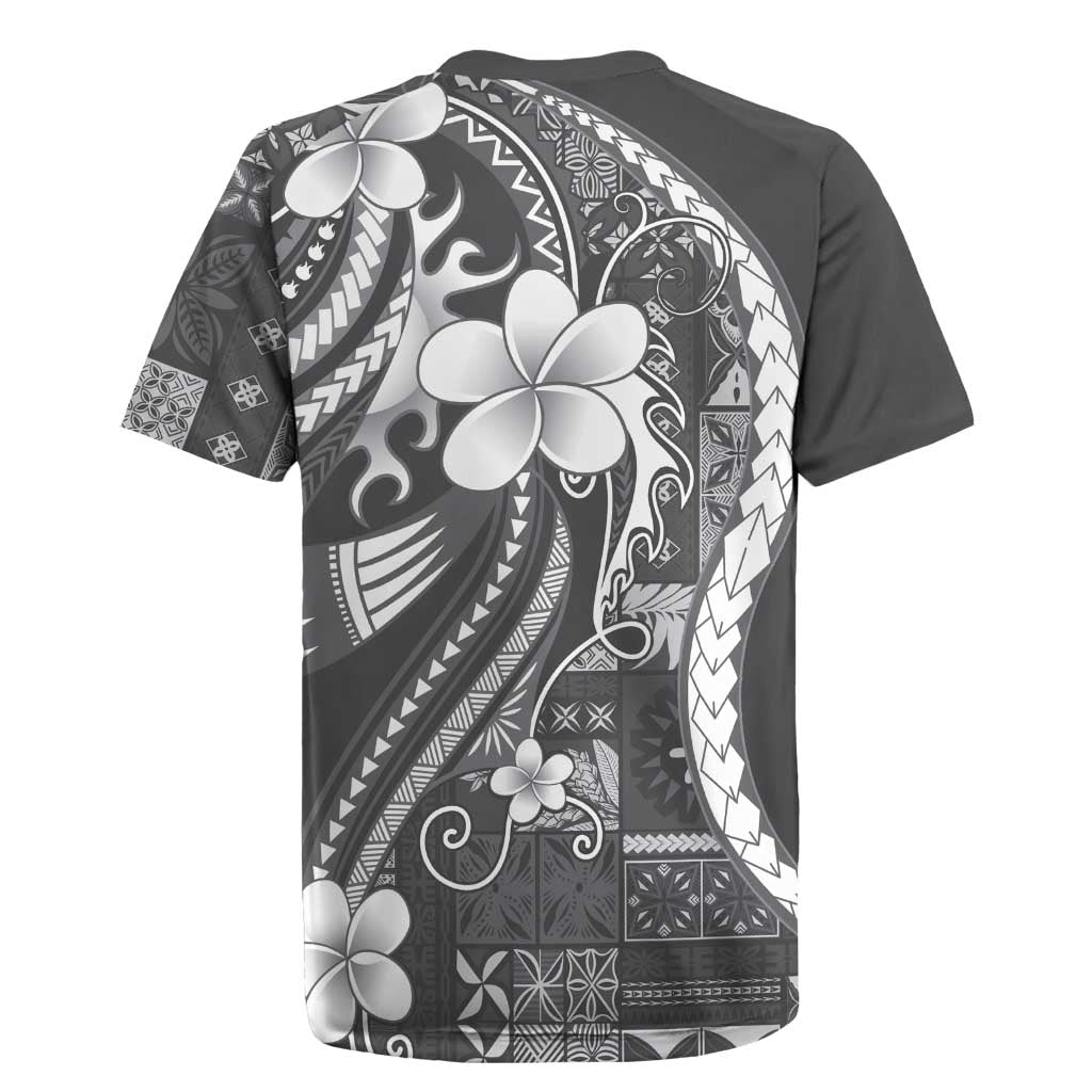 Samoa Siapo Tribal Pattern Rugby Jersey Light Gray Polynesian Plumeria Tapa Motif LT9