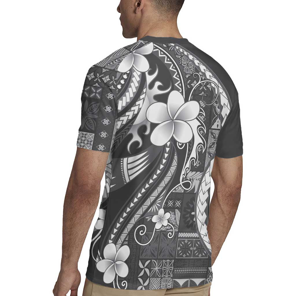 Samoa Siapo Tribal Pattern Rugby Jersey Light Gray Polynesian Plumeria Tapa Motif LT9
