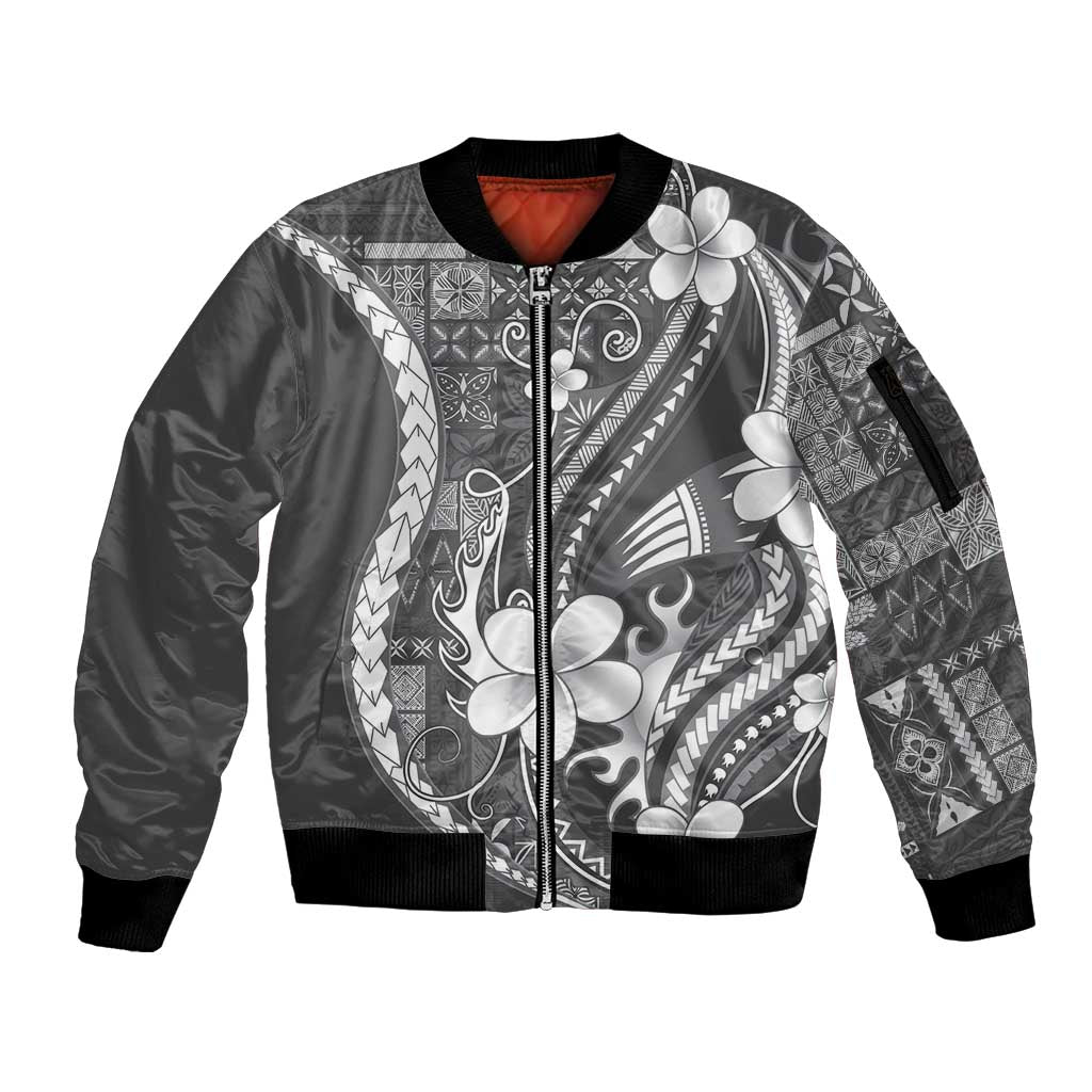 Samoa Siapo Tribal Pattern Sleeve Zip Bomber Jacket Light Gray Polynesian Plumeria Tapa Motif LT9