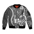 Samoa Siapo Tribal Pattern Sleeve Zip Bomber Jacket Light Gray Polynesian Plumeria Tapa Motif LT9