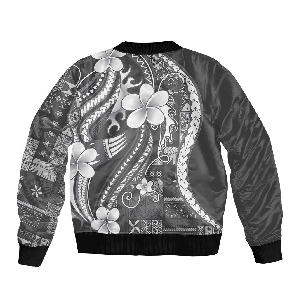 Samoa Siapo Tribal Pattern Sleeve Zip Bomber Jacket Light Gray Polynesian Plumeria Tapa Motif LT9