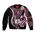 Samoa Siapo Tribal Pattern Sleeve Zip Bomber Jacket Violet Polynesian Plumeria Tapa Motif LT9