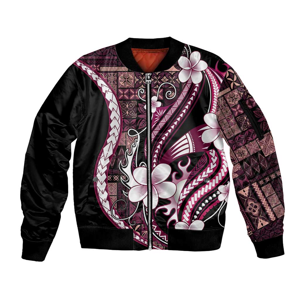 Samoa Siapo Tribal Pattern Sleeve Zip Bomber Jacket Violet Polynesian Plumeria Tapa Motif LT9