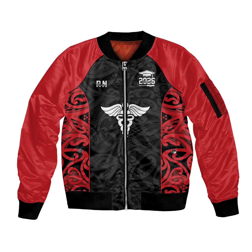 New Zealand Nurse RN 2026 Personalised Sleeve Zip Bomber Jacket Red Maori Pattern Cultural Pride LT9