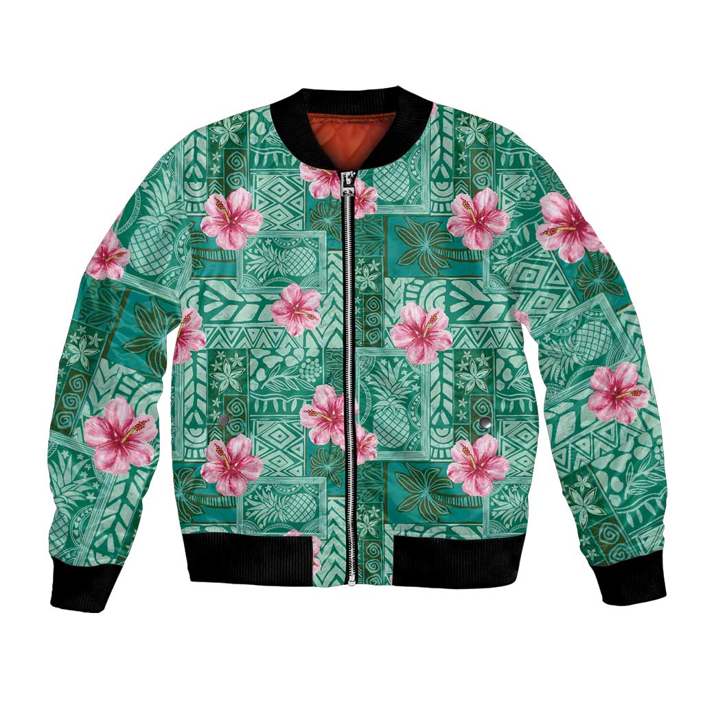 Cyan Hawaii Hibiscus With Tropical Flowers Motifs Bomber Jacket LT14