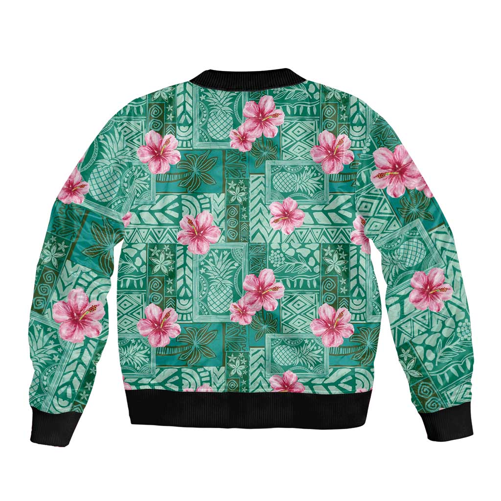 Cyan Hawaii Hibiscus With Tropical Flowers Motifs Bomber Jacket LT14