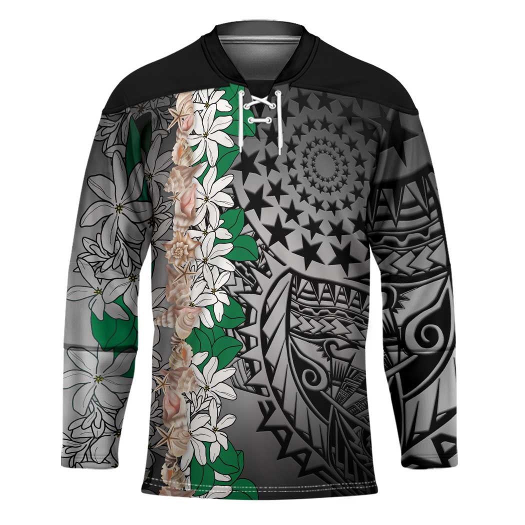 Cook Islands Tiare Maori With Conch Shell Hockey Jersey Pasifika Fest Polynesian Tattoo Black LT14