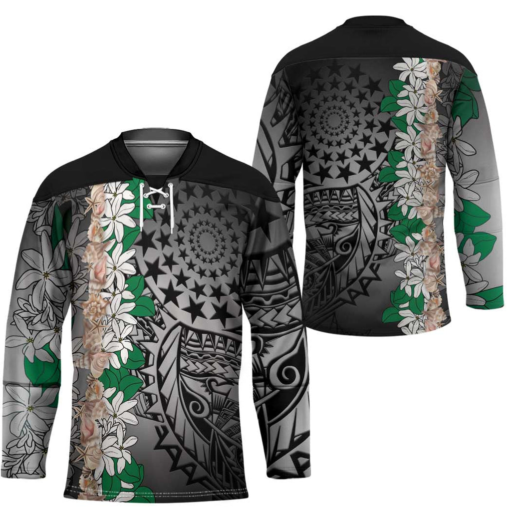 Cook Islands Tiare Maori With Conch Shell Hockey Jersey Pasifika Fest Polynesian Tattoo Black LT14