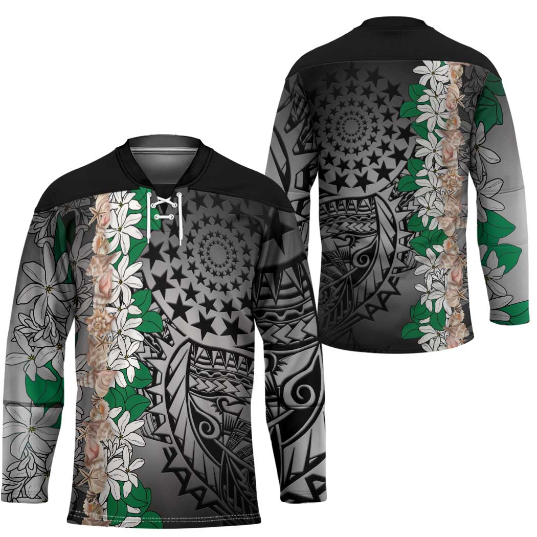 Cook Islands Tiare Maori With Conch Shell Hockey Jersey Pasifika Fest Polynesian Tattoo Black LT14