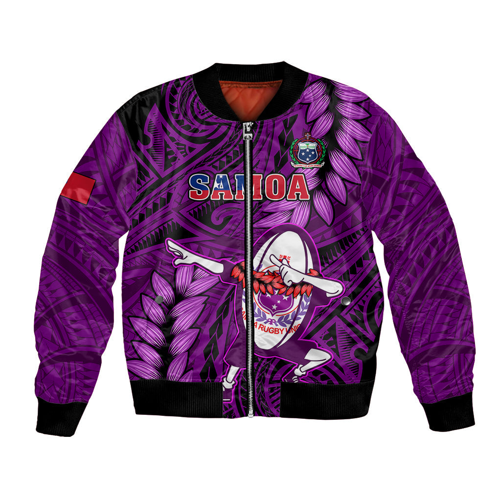 Samoa Rugby Bomber Jacket Manu Samoa Ula Fala Dabbing Ball Polynesian Purple Version LT14