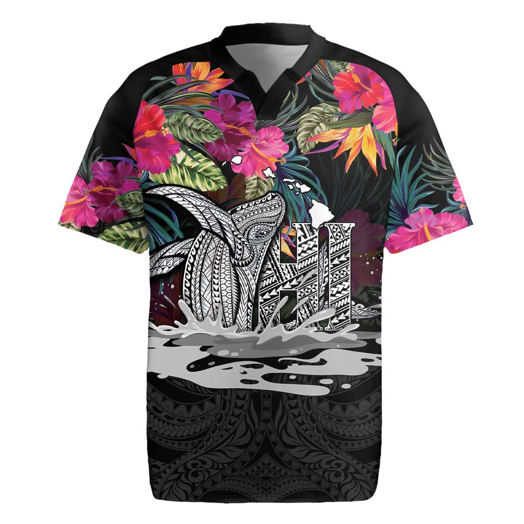 Personalised Hawaii Rugby Jersey Humpback Whale Tattoo With Tropical Flowers Black LT14