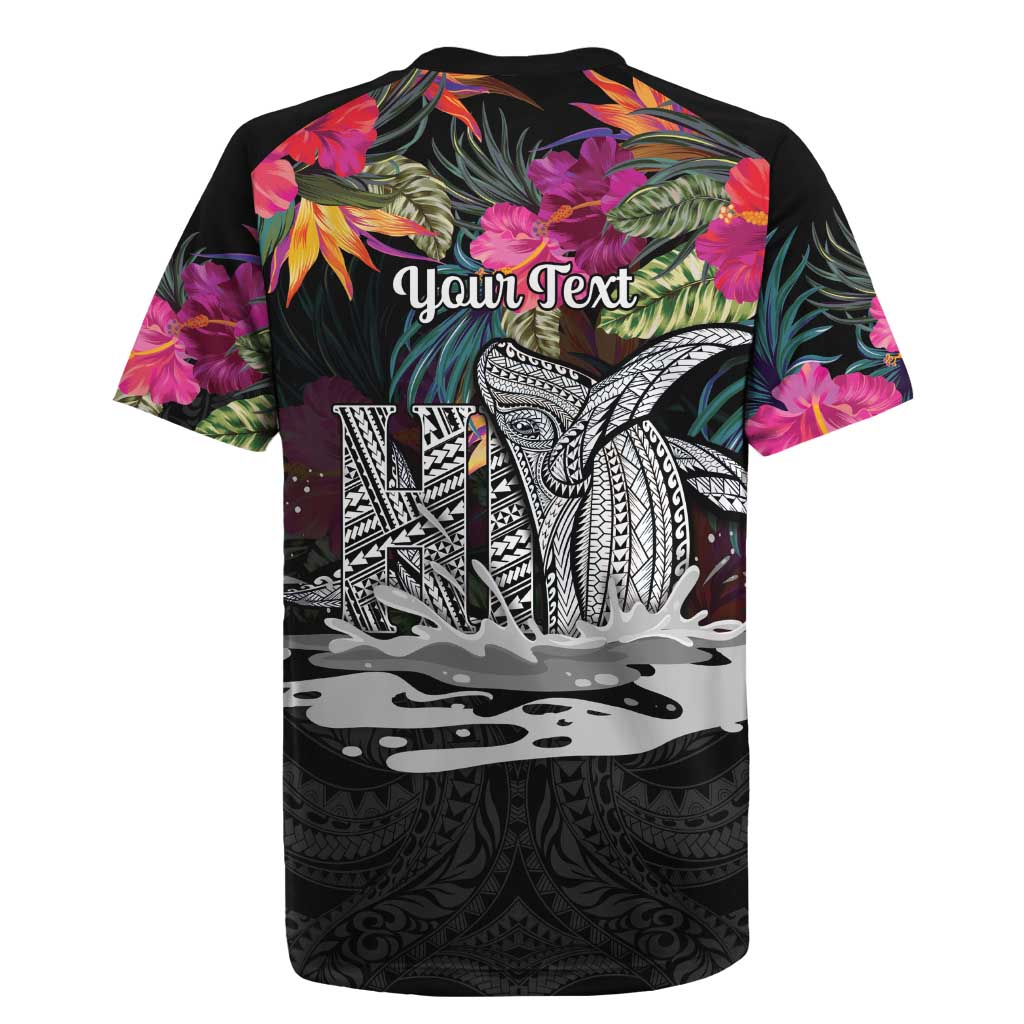 Personalised Hawaii Rugby Jersey Humpback Whale Tattoo With Tropical Flowers Black LT14