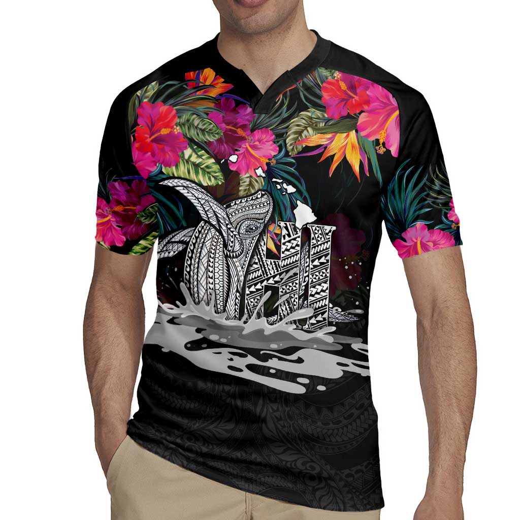 Personalised Hawaii Rugby Jersey Humpback Whale Tattoo With Tropical Flowers Black LT14