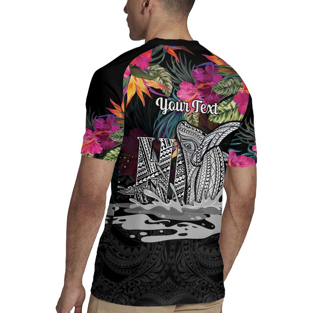 Personalised Hawaii Rugby Jersey Humpback Whale Tattoo With Tropical Flowers Black LT14
