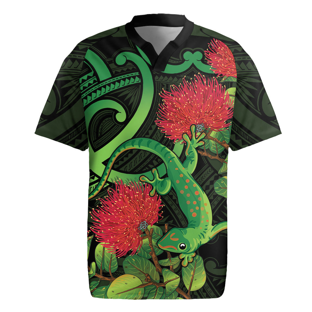 New Zealand Gecko Rugby Jersey Aotearoa Maori With Pohutukawa Flowers LT14