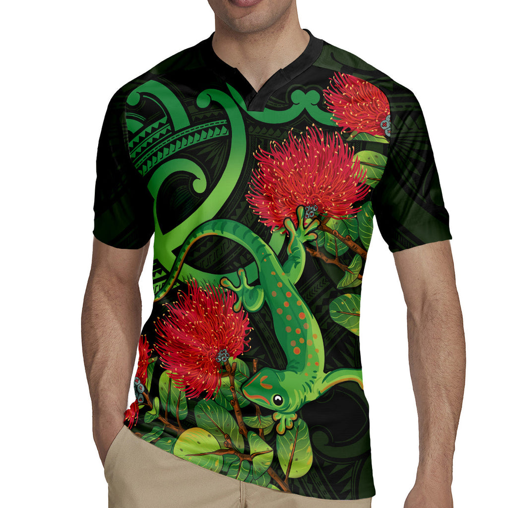 New Zealand Gecko Rugby Jersey Aotearoa Maori With Pohutukawa Flowers LT14