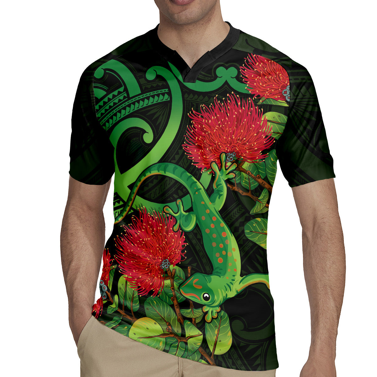 New Zealand Gecko Rugby Jersey Aotearoa Maori With Pohutukawa Flowers LT14