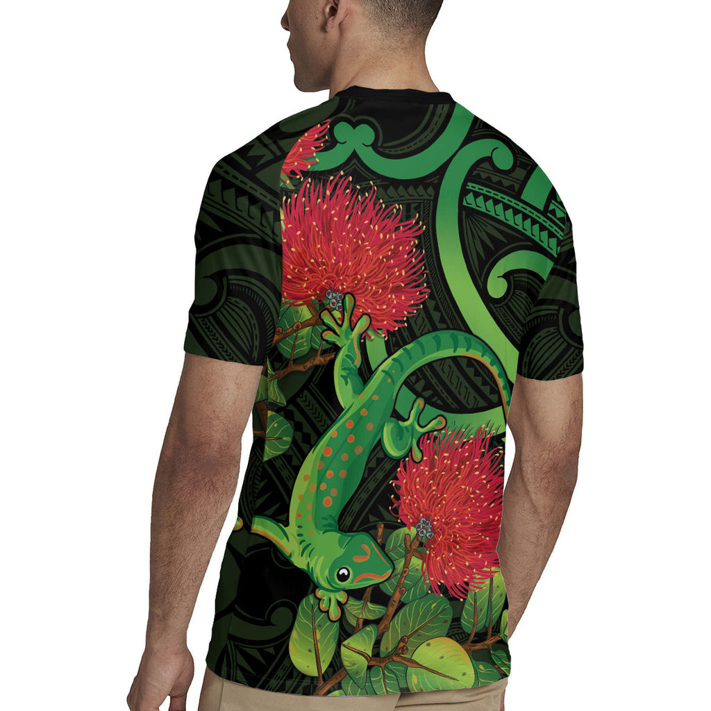 New Zealand Gecko Rugby Jersey Aotearoa Maori With Pohutukawa Flowers LT14