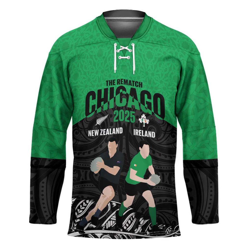 New Zealand and Ireland Rugby Custom Hockey Jersey Chicago 2025 Go All Black Shamrocks LT14
