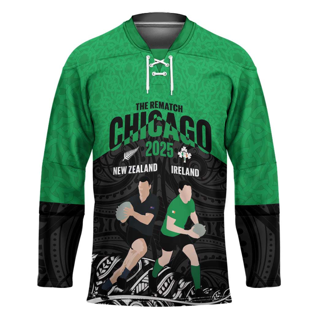 New Zealand and Ireland Rugby Custom Hockey Jersey Chicago 2025 Go All Black Shamrocks LT14