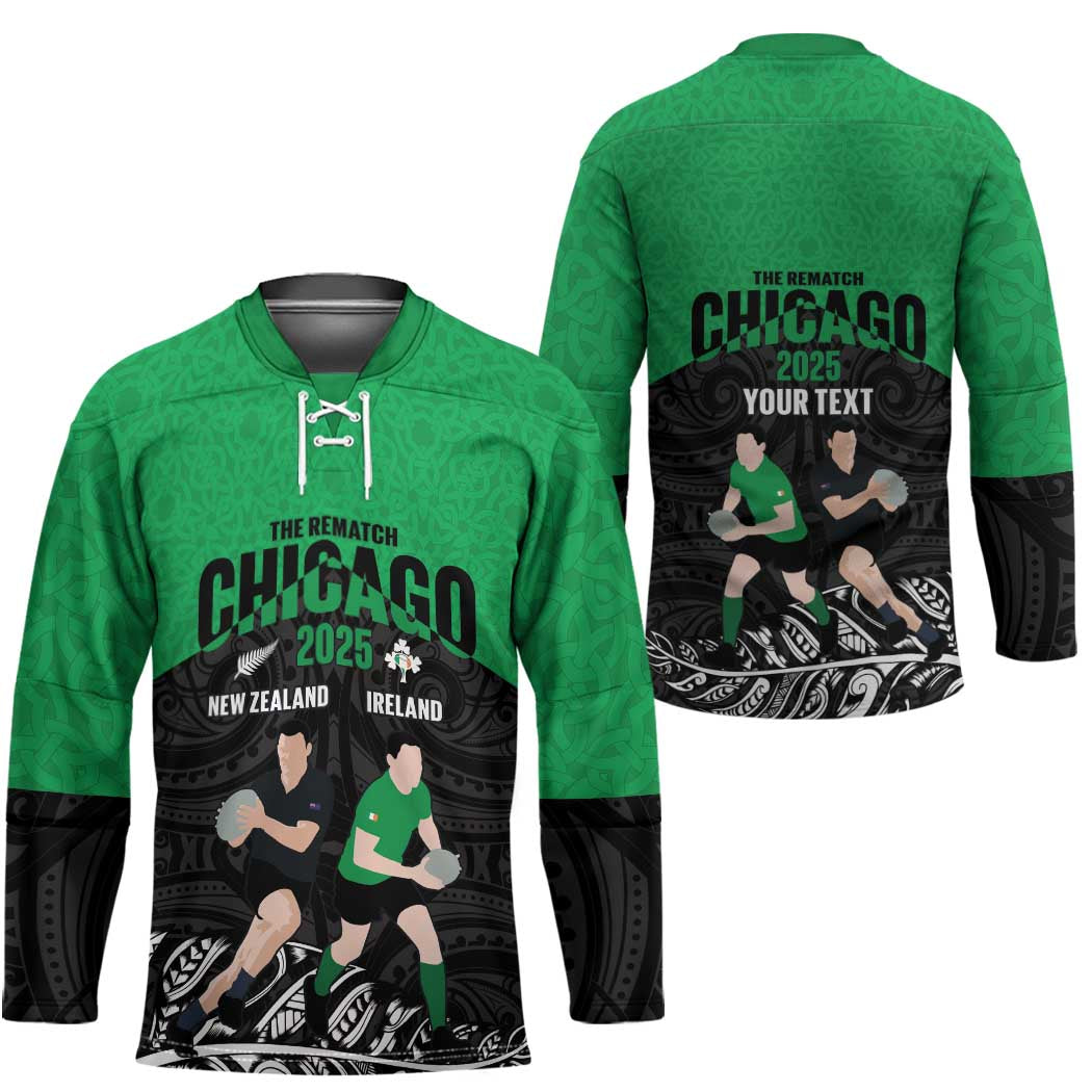 New Zealand and Ireland Rugby Custom Hockey Jersey Chicago 2025 Go All Black Shamrocks LT14