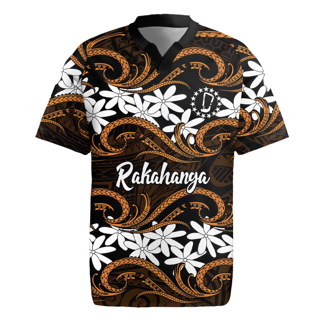 Personalised Cook Islands Rakahanga Rugby Jersey Tiare Maori Polynesian Waves Tattoo LT14