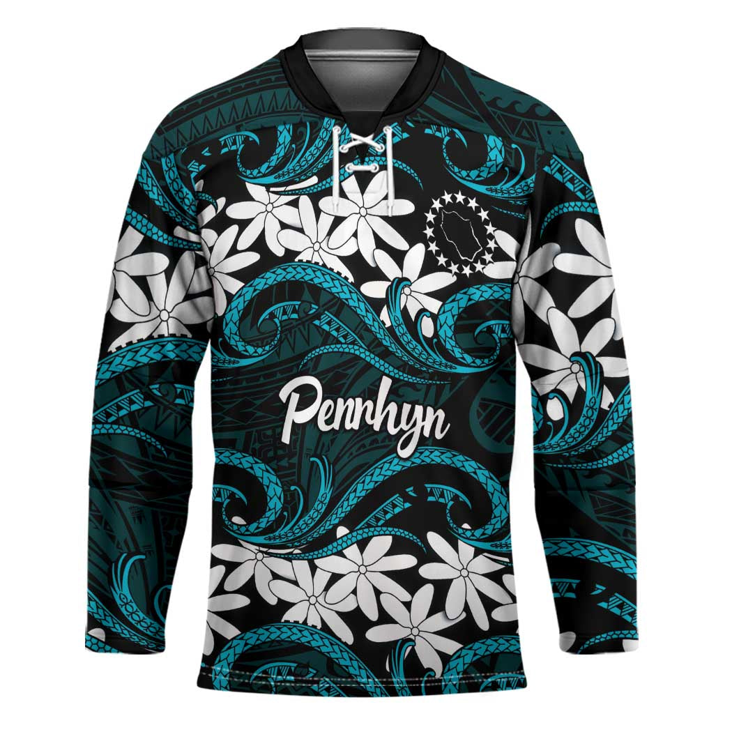 Personalised Cook Islands Penrhyn Atoll Hockey Jersey Tiare Maori Polynesian Waves Tattoo LT14