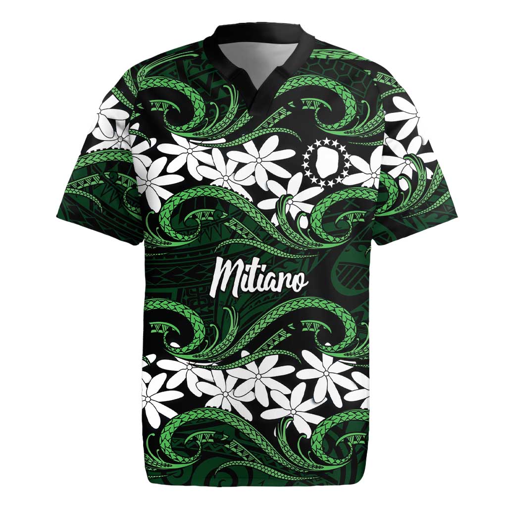 Personalised Cook Islands Mitiaro Rugby Jersey Tiare Maori Polynesian Waves Tattoo LT14