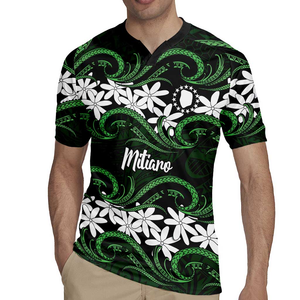 Personalised Cook Islands Mitiaro Rugby Jersey Tiare Maori Polynesian Waves Tattoo LT14