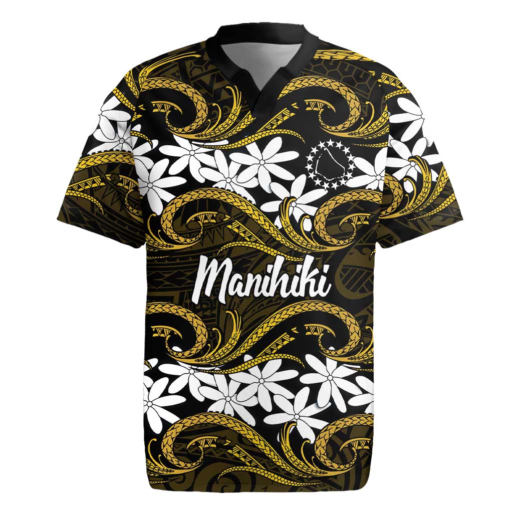 Personalised Cook Islands Manihiki Rugby Jersey Tiare Maori Polynesian Waves Tattoo LT14