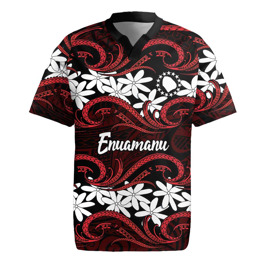 Personalised Cook Islands Atiu Enuamanu Rugby Jersey Tiare Maori Polynesian Waves Tattoo LT14