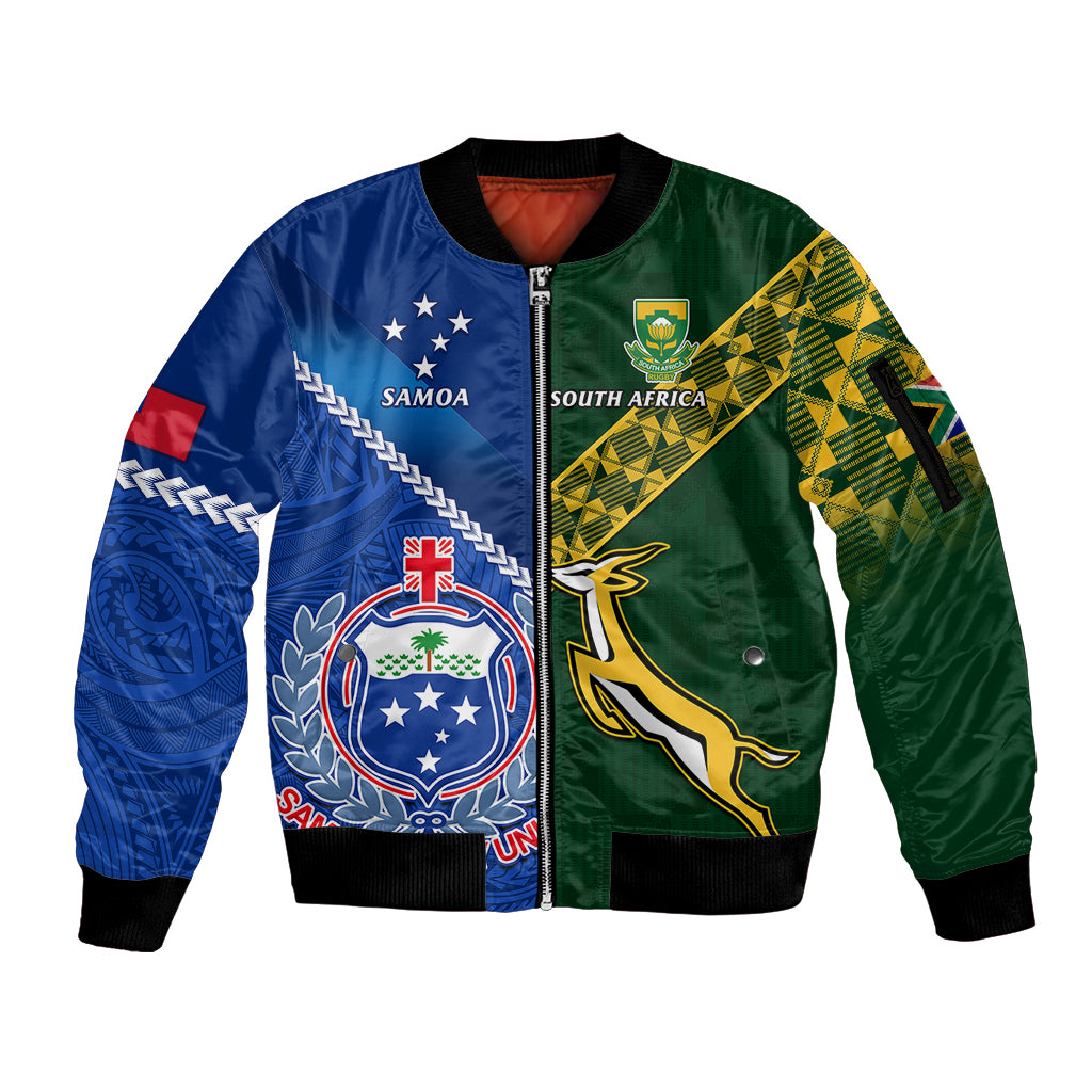Custom Samoa And South Africa Rugby Sleeve Zip Bomber Jacket 2023 World Cup Manu Samoa With Springboks LT14