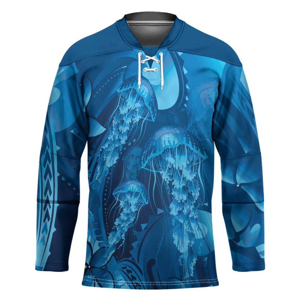 Blue Gradient Polynesia Jellyfish Hockey Jersey Plumeria Polynesian Tattoo Glowing Vibes LT14
