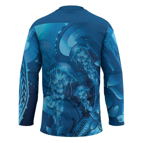Blue Gradient Polynesia Jellyfish Hockey Jersey Plumeria Polynesian Tattoo Glowing Vibes LT14