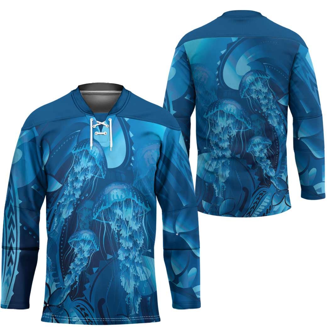 Blue Gradient Polynesia Jellyfish Hockey Jersey Plumeria Polynesian Tattoo Glowing Vibes LT14