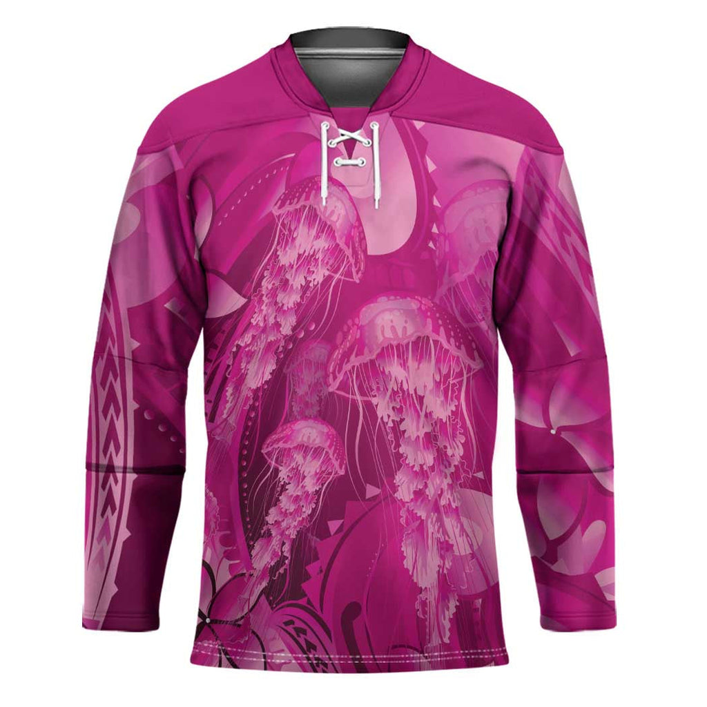 Pink Gradient Polynesia Jellyfish Hockey Jersey Plumeria Polynesian Tattoo Glowing Vibes LT14