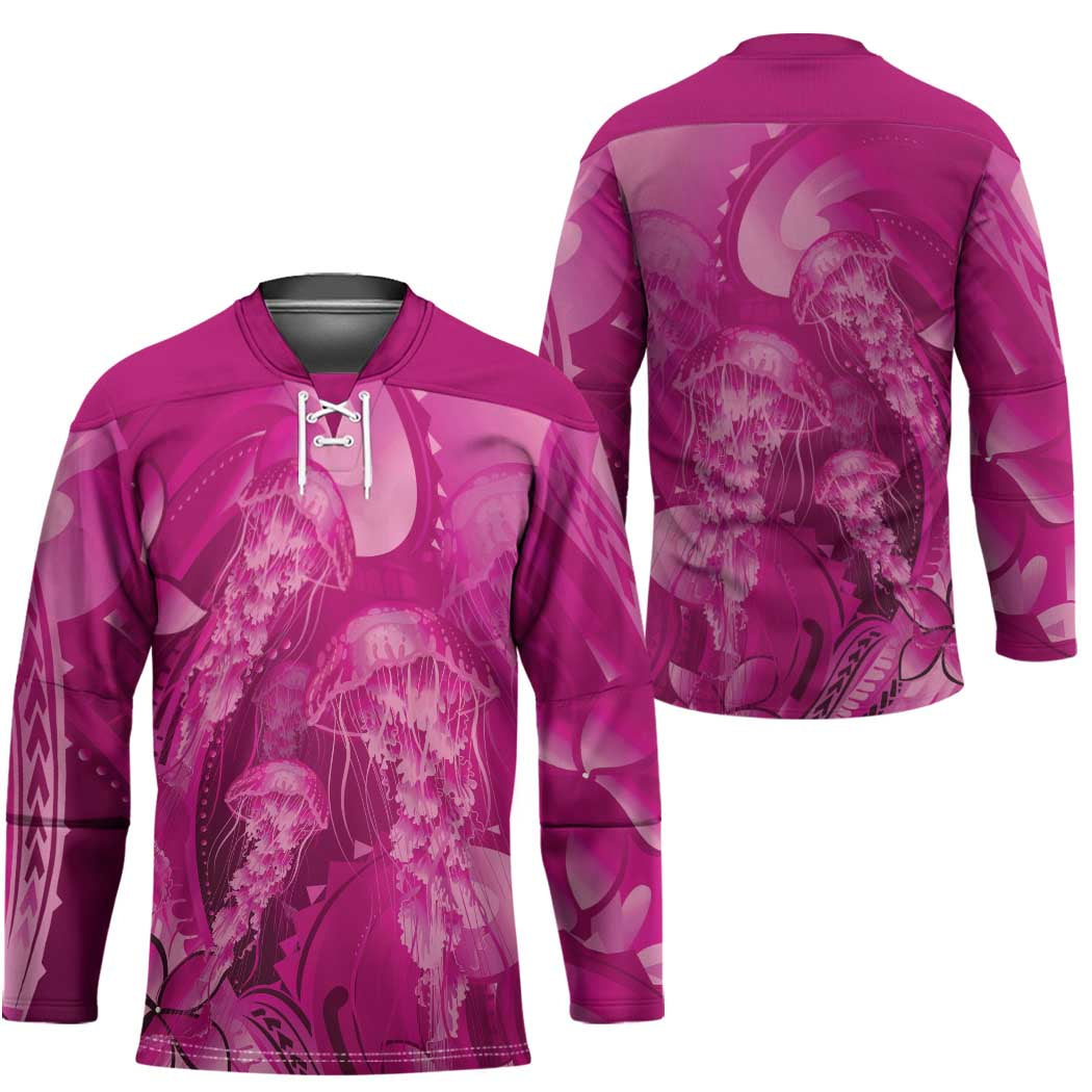 Pink Gradient Polynesia Jellyfish Hockey Jersey Plumeria Polynesian Tattoo Glowing Vibes LT14